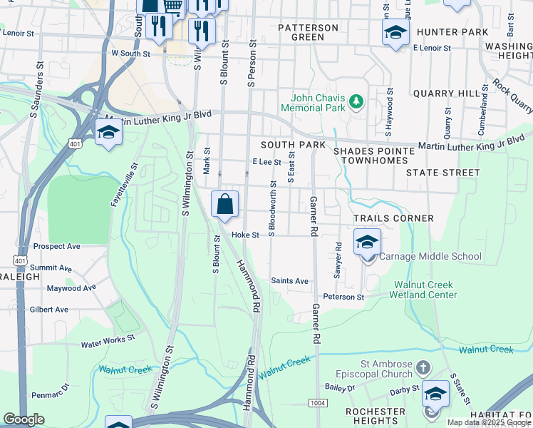 map of restaurants, bars, coffee shops, grocery stores, and more near 1300 South Bloodworth Street in Raleigh