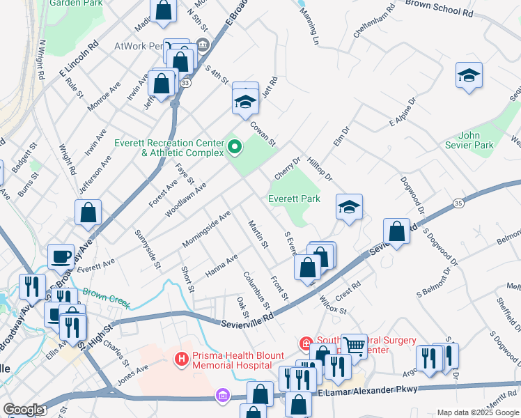 map of restaurants, bars, coffee shops, grocery stores, and more near 609 South Everett High Road in Maryville