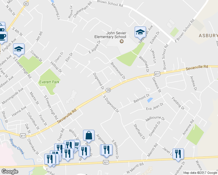 map of restaurants, bars, coffee shops, grocery stores, and more near 2223 Sevierville Road in Maryville