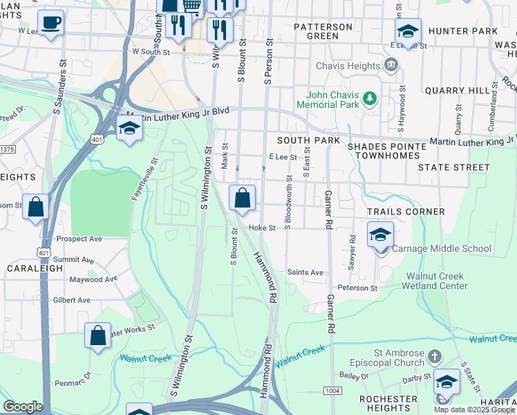 map of restaurants, bars, coffee shops, grocery stores, and more near 1302 South Person Street in Raleigh