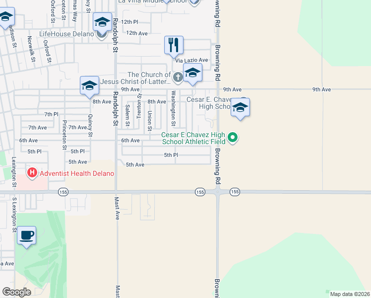 map of restaurants, bars, coffee shops, grocery stores, and more near 2118 5th Drive in Delano