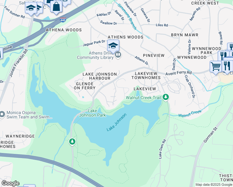map of restaurants, bars, coffee shops, grocery stores, and more near 4201 Avent Ferry Road in Raleigh
