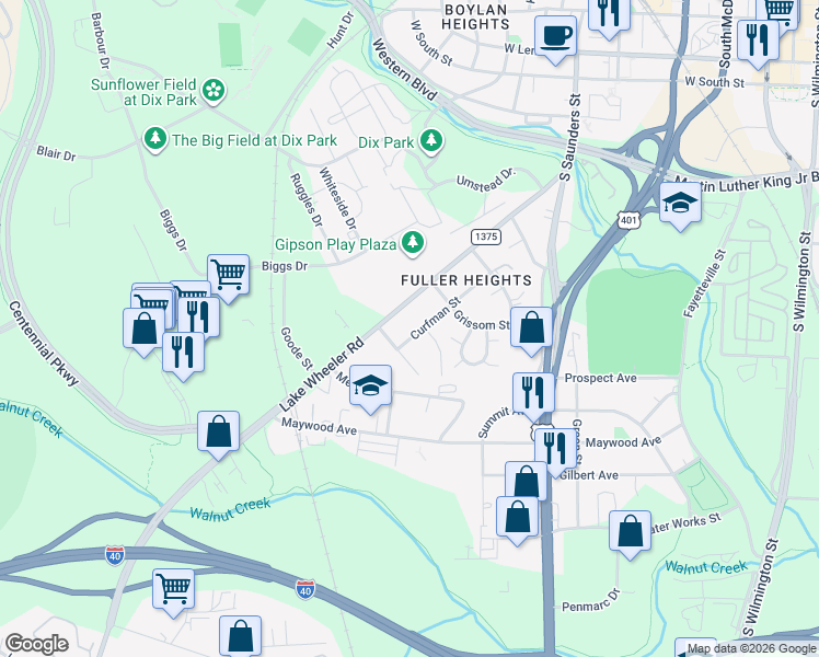 map of restaurants, bars, coffee shops, grocery stores, and more near 1427 Curfman Street in Raleigh
