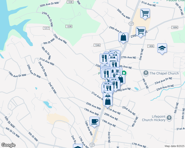 map of restaurants, bars, coffee shops, grocery stores, and more near 2433 1st Street Northwest in Hickory