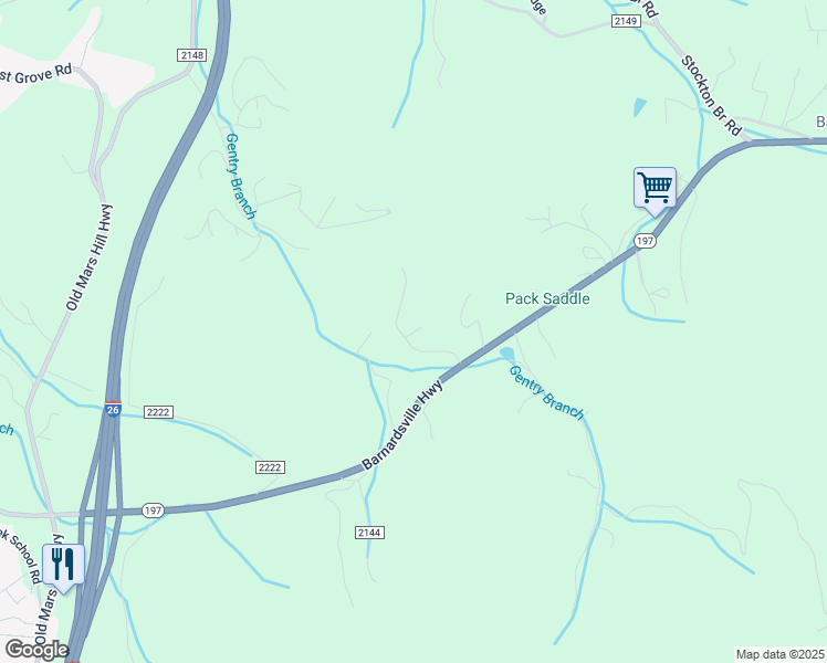 map of restaurants, bars, coffee shops, grocery stores, and more near Pack Saddle Trail in Buncombe County