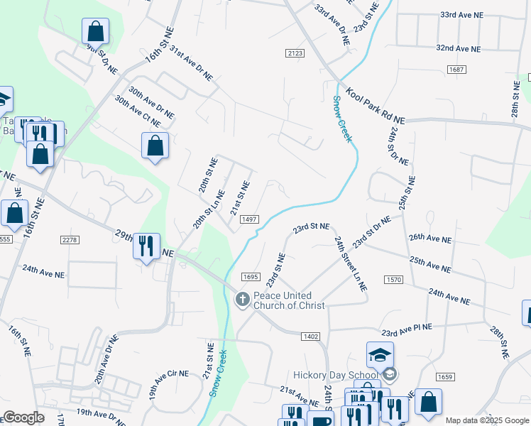 map of restaurants, bars, coffee shops, grocery stores, and more near 2750 21st Street Place Northeast in Hickory