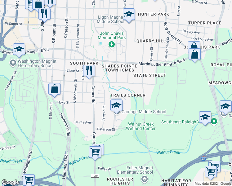 map of restaurants, bars, coffee shops, grocery stores, and more near 1304 Highcourt Drive in Raleigh