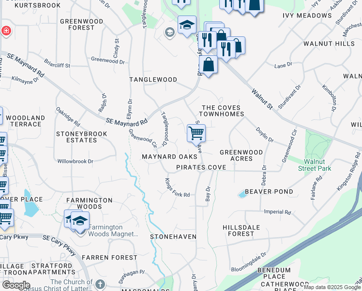 map of restaurants, bars, coffee shops, grocery stores, and more near 1206 Kenbridge Lane in Cary