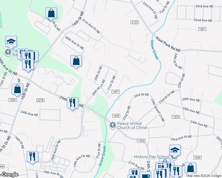 map of restaurants, bars, coffee shops, grocery stores, and more near 2734 21st Street Northeast in Hickory