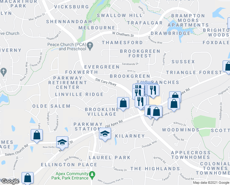 map of restaurants, bars, coffee shops, grocery stores, and more near 403 Center Pointe Drive in Cary