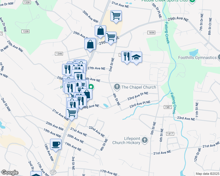 map of restaurants, bars, coffee shops, grocery stores, and more near 2509 4th Street Northeast in Hickory