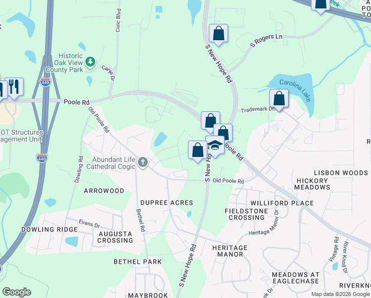 map of restaurants, bars, coffee shops, grocery stores, and more near 4419 Old Poole Road in Raleigh