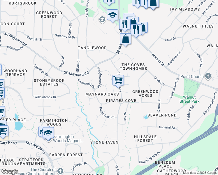 map of restaurants, bars, coffee shops, grocery stores, and more near 1206 Kenbridge Lane in Cary