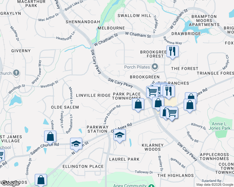 map of restaurants, bars, coffee shops, grocery stores, and more near 322 Vinca Circle in Cary