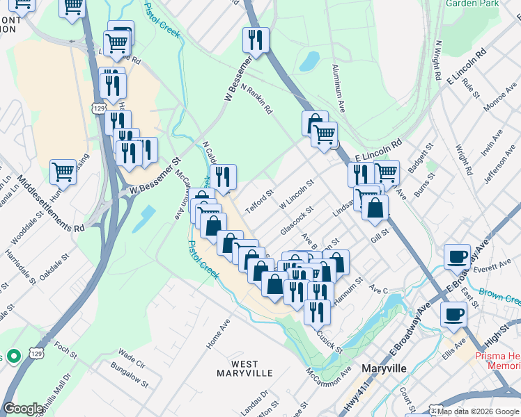map of restaurants, bars, coffee shops, grocery stores, and more near 316 West Lincoln Road in Alcoa