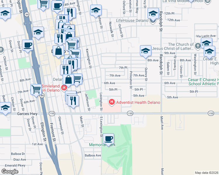map of restaurants, bars, coffee shops, grocery stores, and more near 1309 5th Place in Delano