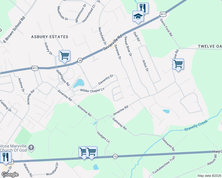 map of restaurants, bars, coffee shops, grocery stores, and more near 1204 Meadowmist Lane in Maryville