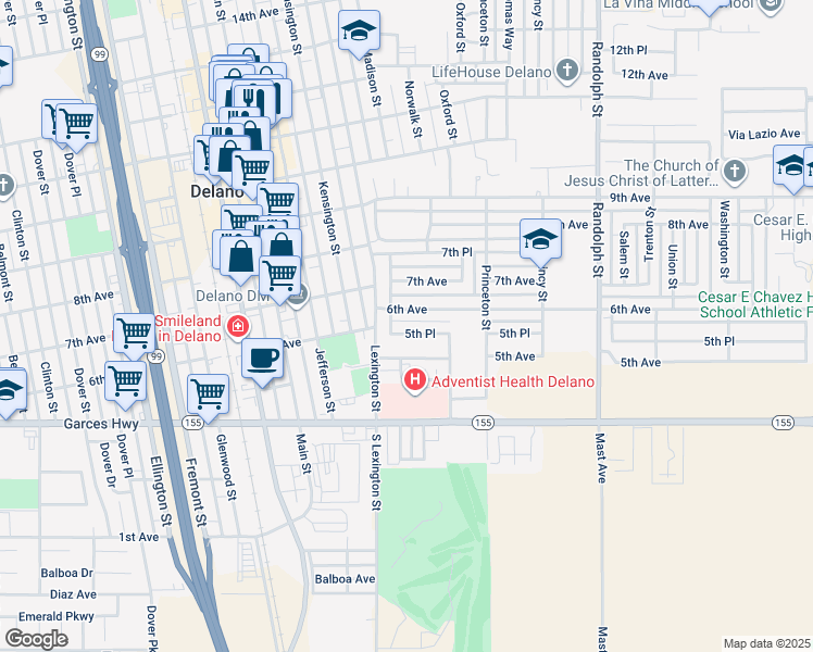 map of restaurants, bars, coffee shops, grocery stores, and more near 1309 5th Place in Delano