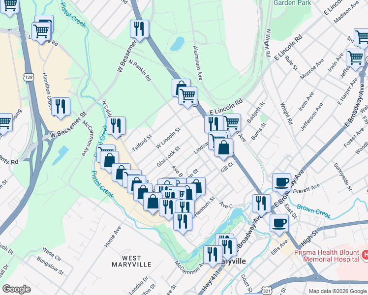 map of restaurants, bars, coffee shops, grocery stores, and more near 233 Glascock Street in Alcoa