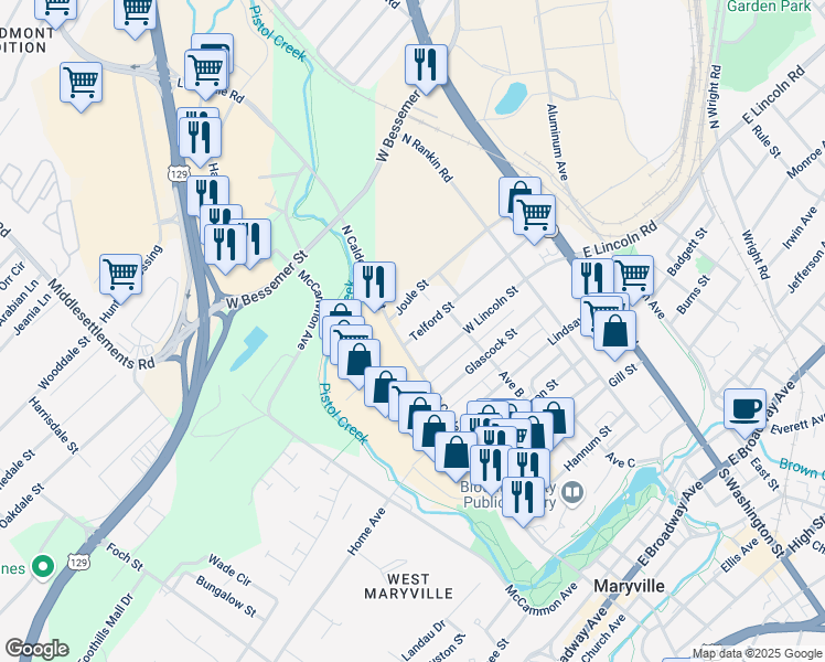 map of restaurants, bars, coffee shops, grocery stores, and more near 346 Telford Street in Alcoa