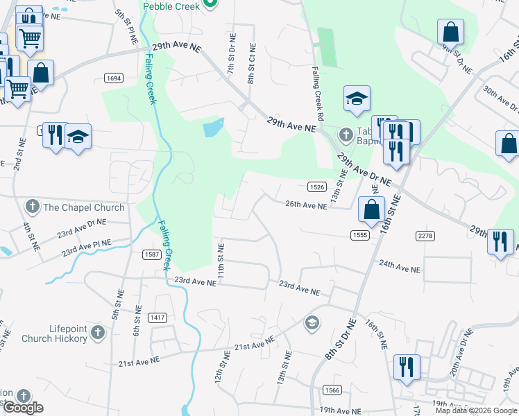 map of restaurants, bars, coffee shops, grocery stores, and more near 2360 13th Street Drive Northeast in Hickory