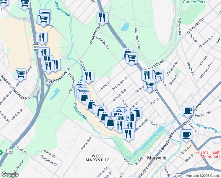 map of restaurants, bars, coffee shops, grocery stores, and more near 316 West Lincoln Road in Alcoa