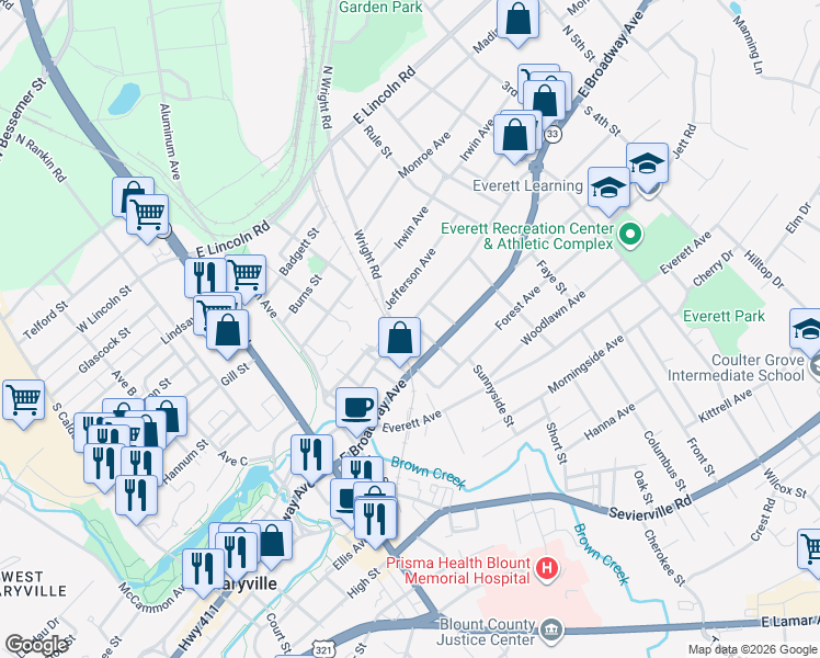 map of restaurants, bars, coffee shops, grocery stores, and more near 1204 East Harper Avenue in Maryville