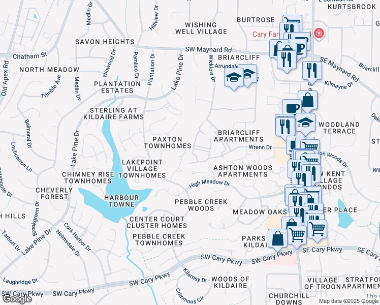 map of restaurants, bars, coffee shops, grocery stores, and more near 201 Virens Drive in Cary