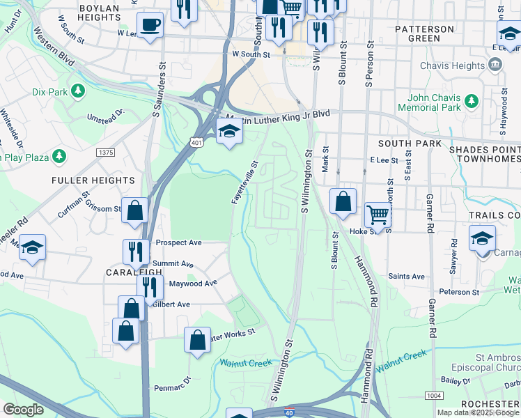 map of restaurants, bars, coffee shops, grocery stores, and more near 225 Little Blues Alley in Raleigh