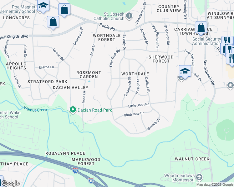 map of restaurants, bars, coffee shops, grocery stores, and more near 929 Beverly Drive in Raleigh