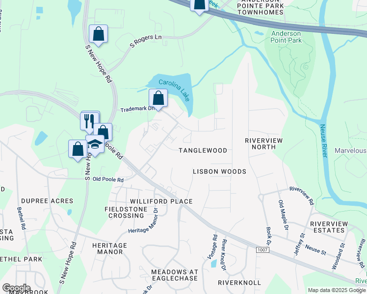 map of restaurants, bars, coffee shops, grocery stores, and more near 5209 Tanglewood Pine Lane in Raleigh