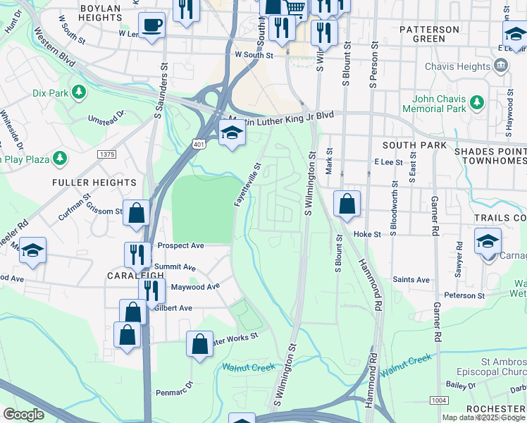 map of restaurants, bars, coffee shops, grocery stores, and more near 225 Little Blues Alley in Raleigh