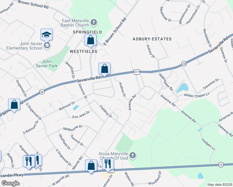 map of restaurants, bars, coffee shops, grocery stores, and more near 1012 Willow Creek Circle in Maryville