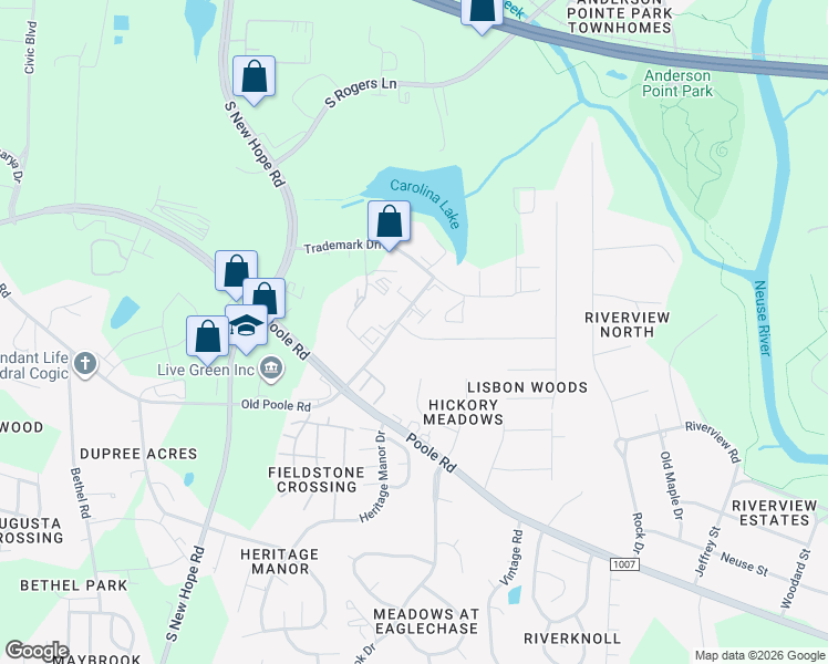 map of restaurants, bars, coffee shops, grocery stores, and more near 5101 Poole Road in Raleigh