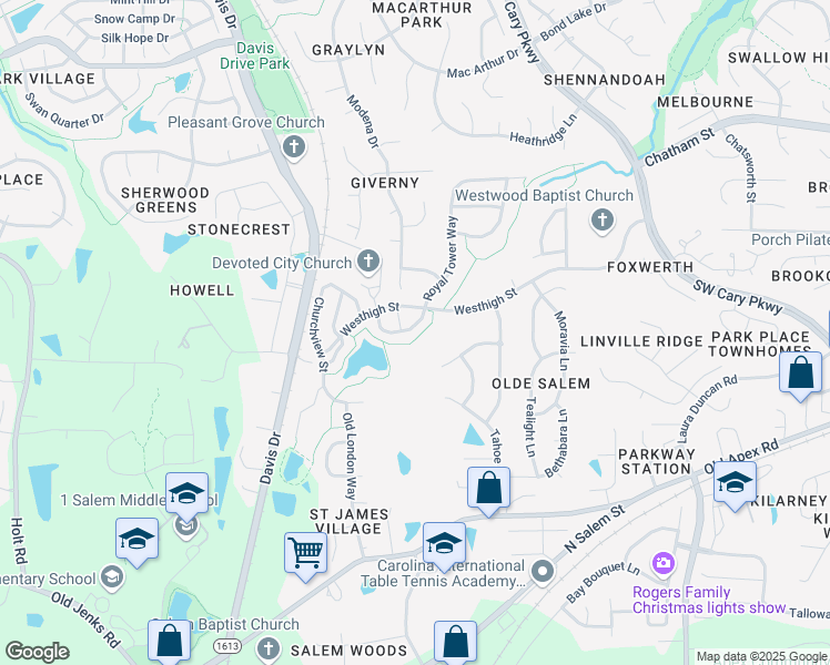 map of restaurants, bars, coffee shops, grocery stores, and more near 236 Royal Tower Way in Cary