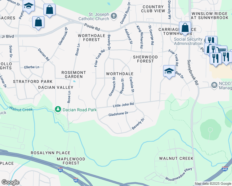 map of restaurants, bars, coffee shops, grocery stores, and more near 1007 Greenwich Street in Raleigh