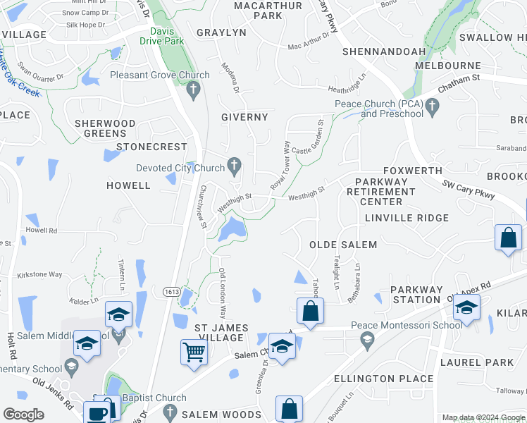 map of restaurants, bars, coffee shops, grocery stores, and more near 236 Royal Tower Way in Cary