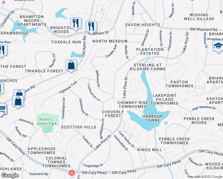 map of restaurants, bars, coffee shops, grocery stores, and more near 1012 Brookgreen Drive in Cary