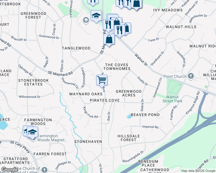 map of restaurants, bars, coffee shops, grocery stores, and more near 702 Delmar Road in Cary