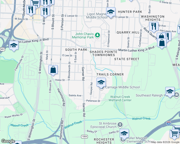 map of restaurants, bars, coffee shops, grocery stores, and more near 1221 Angelus Drive in Raleigh
