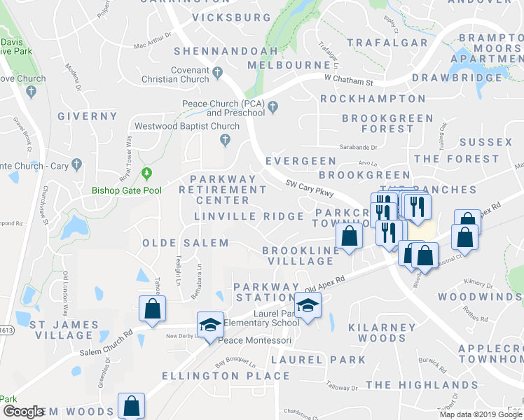 map of restaurants, bars, coffee shops, grocery stores, and more near 190 Hidden Bluff Lane in Cary