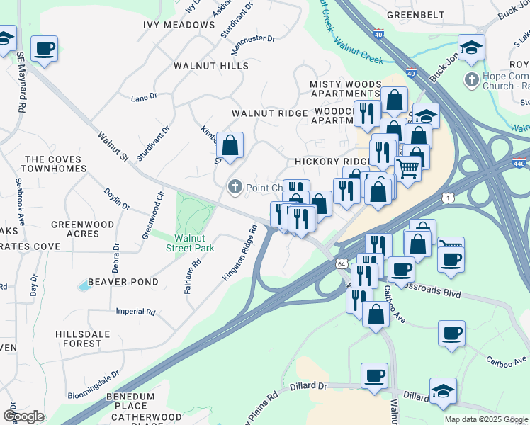 map of restaurants, bars, coffee shops, grocery stores, and more near 1513 Walnut Street in Cary