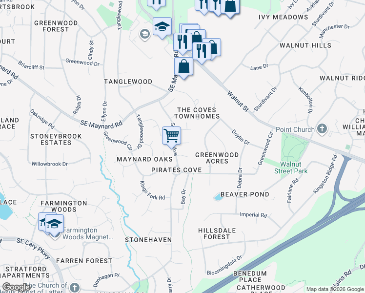 map of restaurants, bars, coffee shops, grocery stores, and more near 702 Delmar Road in Cary