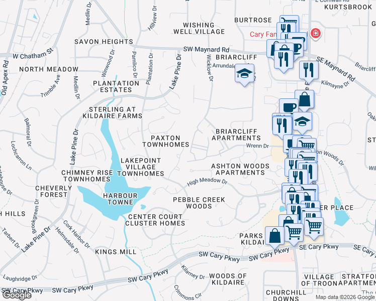 map of restaurants, bars, coffee shops, grocery stores, and more near 201 Virens Drive in Cary