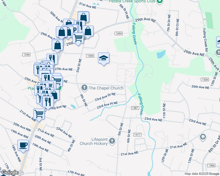 map of restaurants, bars, coffee shops, grocery stores, and more near 474 26th Avenue Northeast in Hickory
