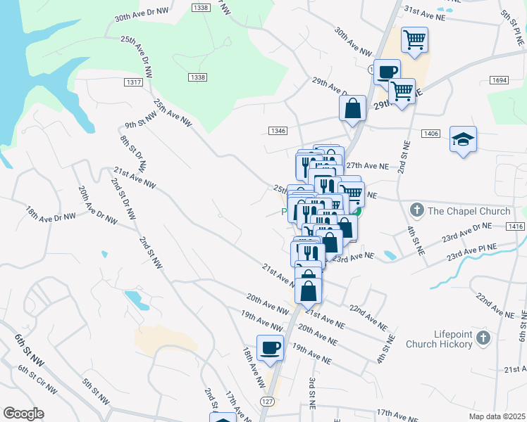 map of restaurants, bars, coffee shops, grocery stores, and more near 2433 1st Street Northwest in Hickory