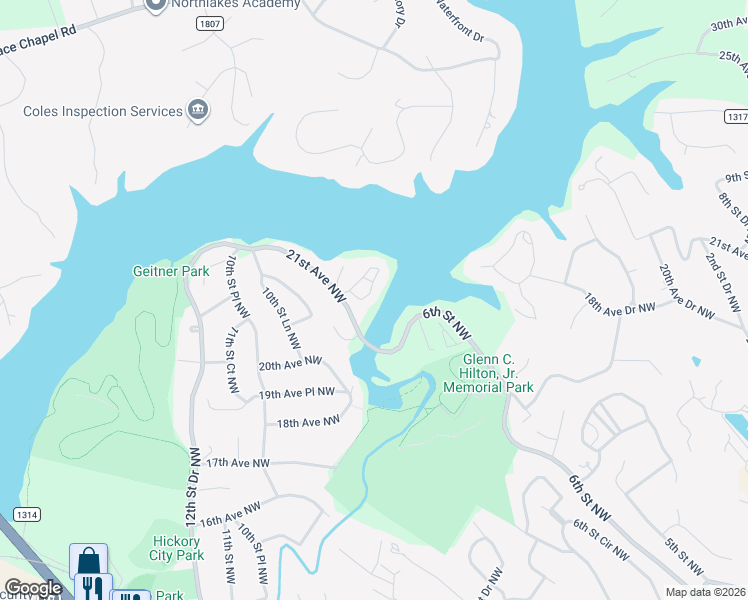 map of restaurants, bars, coffee shops, grocery stores, and more near 1050 21st Avenue Northwest in Hickory