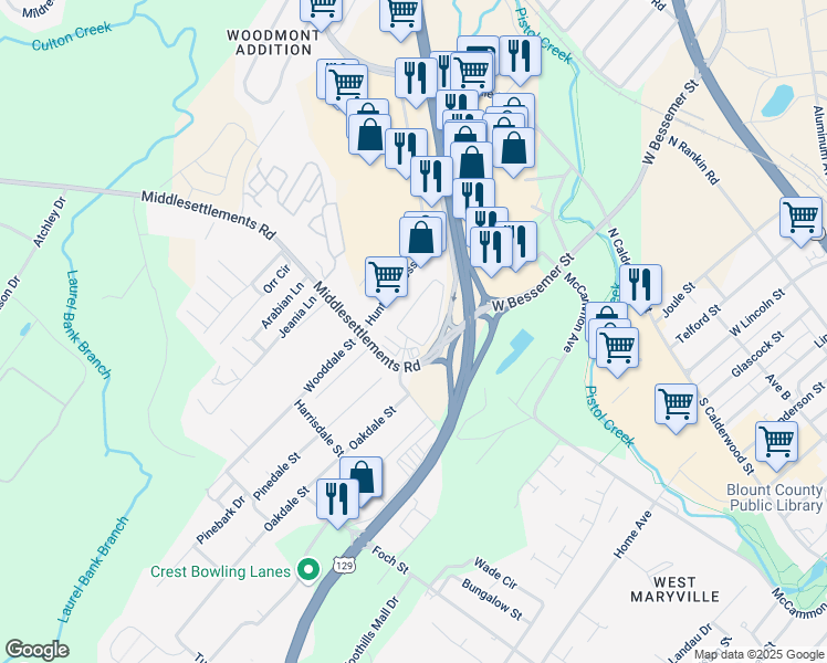 map of restaurants, bars, coffee shops, grocery stores, and more near 1145 Hunters Crossing in Alcoa