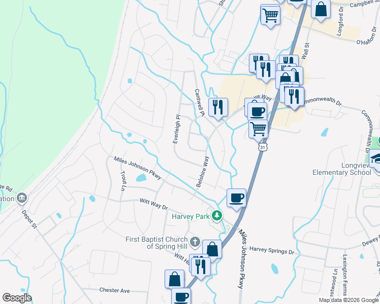 map of restaurants, bars, coffee shops, grocery stores, and more near 3014 Everleigh Place in Spring Hill