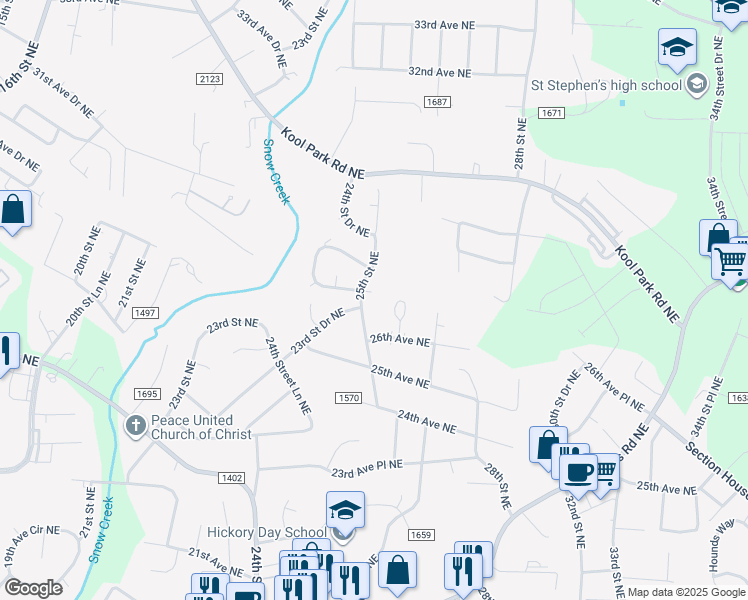 map of restaurants, bars, coffee shops, grocery stores, and more near 2514 27th Avenue Circle Northeast in Hickory
